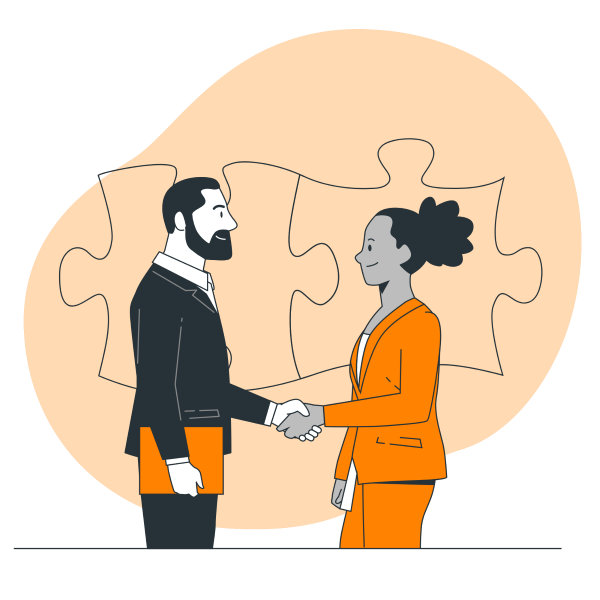 Cartoon of a man and woman shaking hands with puzzle pieces behind them