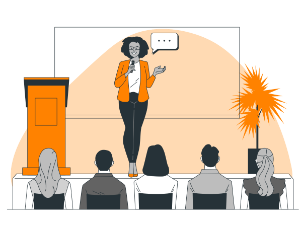 Cartoon of woman speaking to a group of people