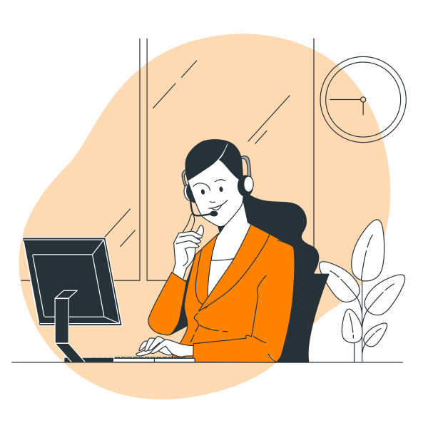 Cartoon of a woman looking at a computer wearing a headset