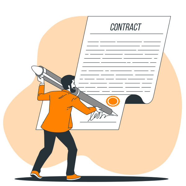 A cartoon of a man signing a contract