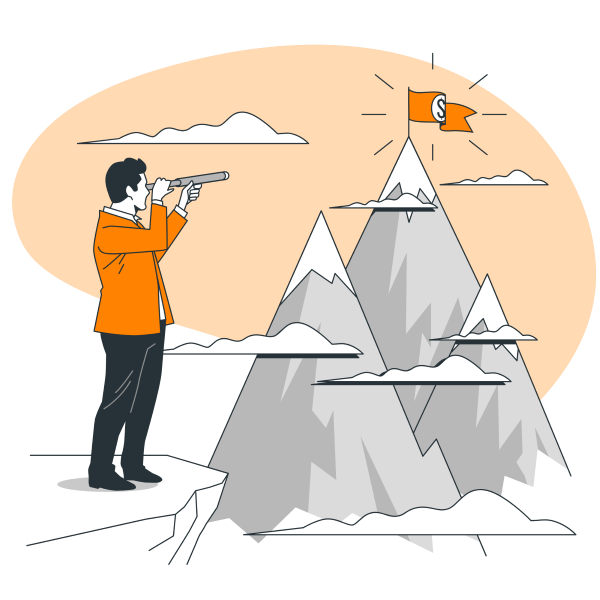 A cartoon of a man looking at the top of a mountain