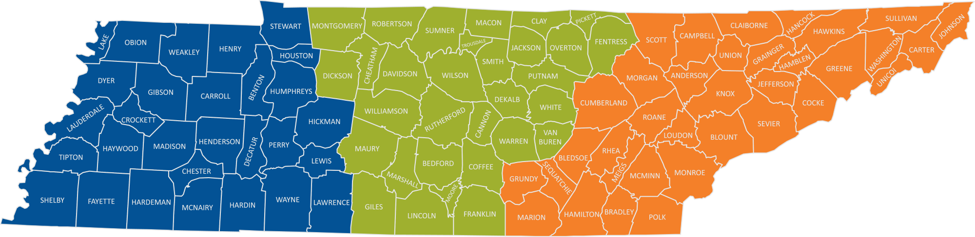 A map of TN with all the county names. It is color coded to show the three service regions.